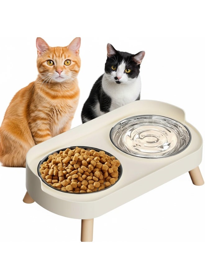 SOGAR SHAMO ارتفع وعاء القط ، رفع وعاء القط الغذاء والماء مجموعة للقطط الداخلية ، دليل الرش مع 2 وعاء الغذاء الحيوانات الأليفة من الفولاذ المقاوم للصدأ للقطط والجرر ، غسالة صحون آمنة بيج - Image 1